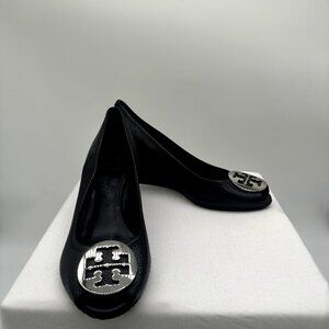 Tory Burch Black and Silver Logo Wedges Women's 10